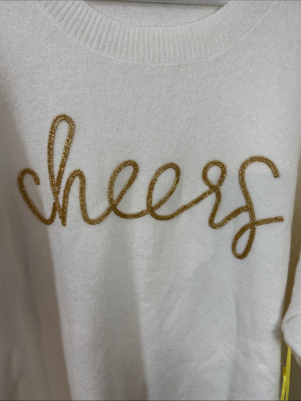 CeCe Cream Oversized Knit Crewneck Sweater w/ Beaded Gold 'cheers' Script - XL - Picture 4 of 7